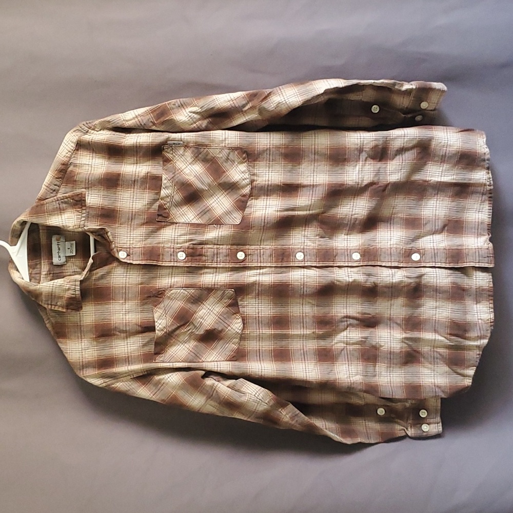 Carhartt brown plaid button down shirt size small